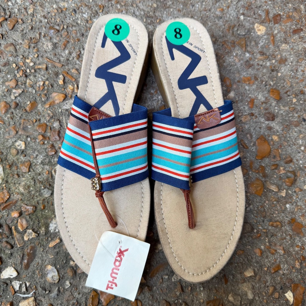 Anne Klein Sport Blue Striped Rhinestone Thong Wedge Sandals Womens Sz 8M
